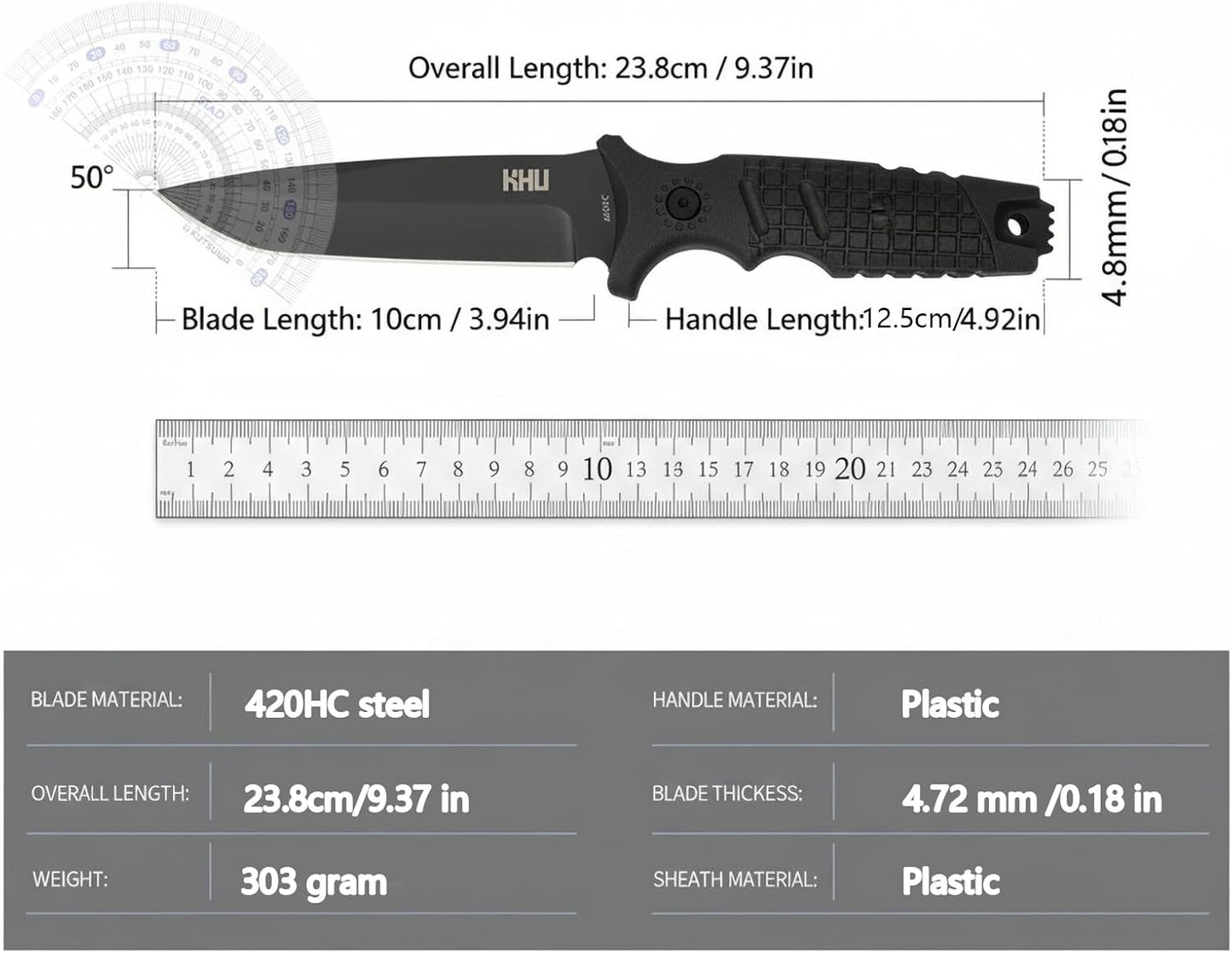 KHU Fixed Blade Knife Hunting Knife Survival 420HC Steel Plastic Handle, Outdoor Hunting Camping Accessories Camping Gear With Kydex Sheath (Black 36A)