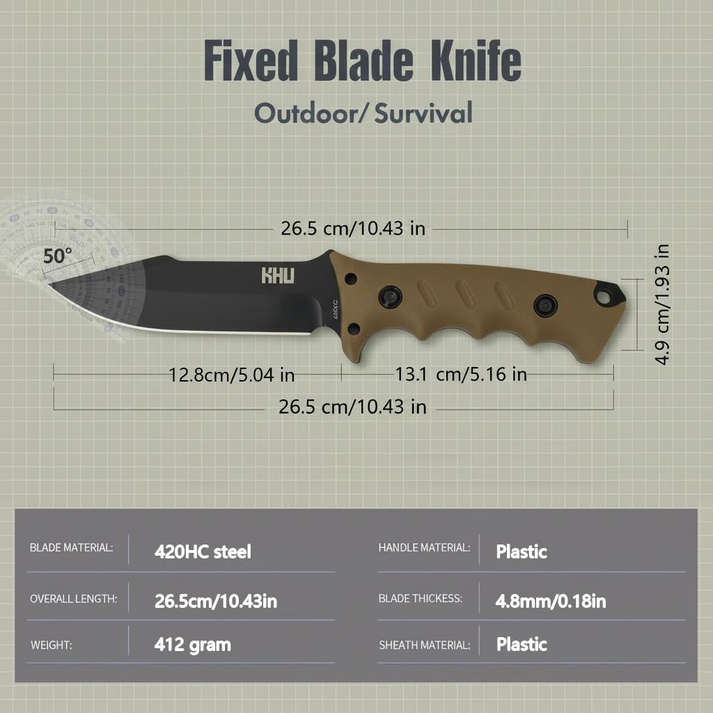 KHU Fixed Blade Knife Hunting Knife Survival 420HC Steel Plastic Handle, Outdoor Hunting Camping Accessories Camping Gear With Kydex Sheath (Tan 35A)