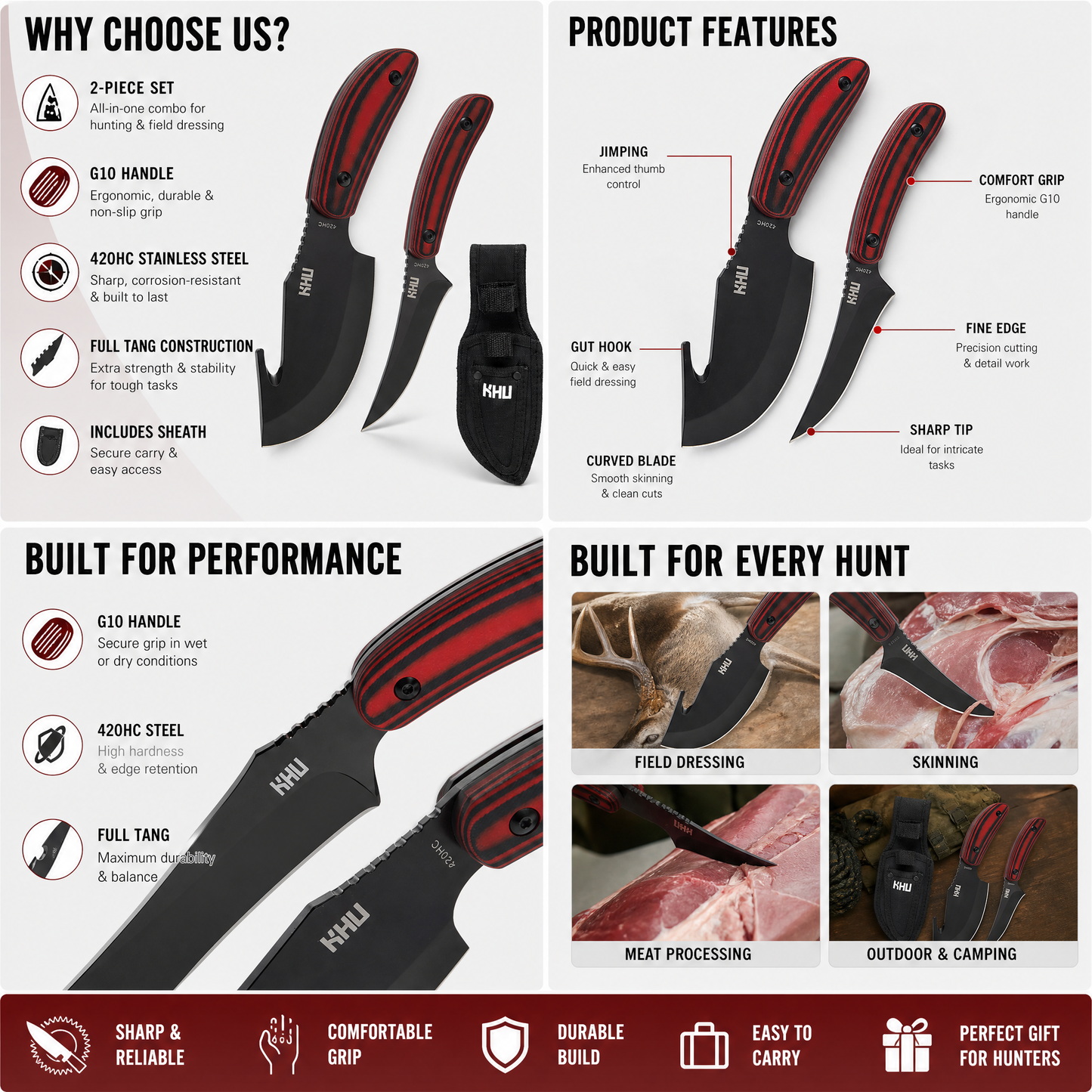 KHU Cuchillo Hoja Fija, Cuchillo Supervivencia Cuchillo Caza Cuchillo Bushcraft D2 Acero Mango de G10, Outdoor Caza Camping Accesorios - Funda Kydex