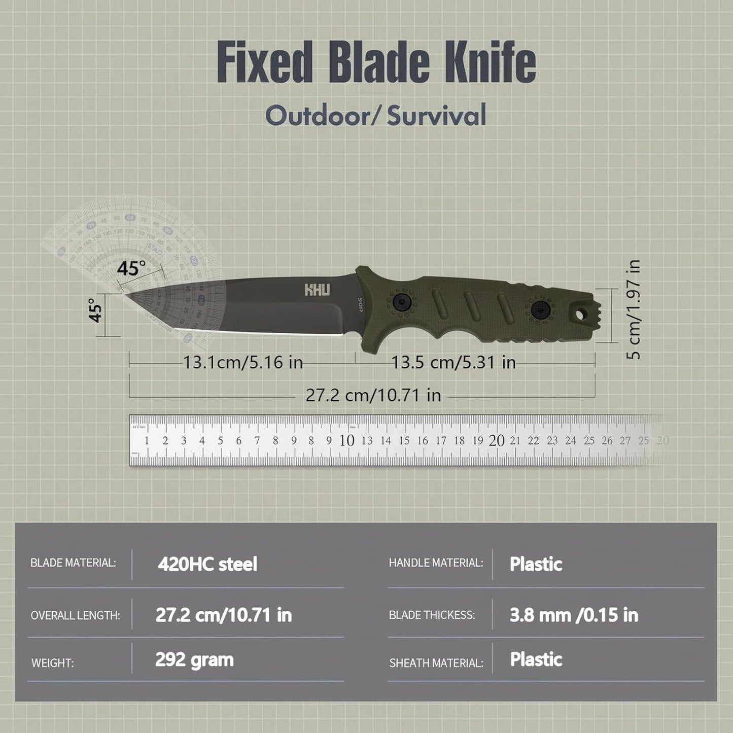 KHU Fixed Blade Knife Hunting Knife Survival 420HC Steel Plastic Handle, Outdoor Hunting Camping Accessories Camping Gear With Kydex Sheath (Green 34A)