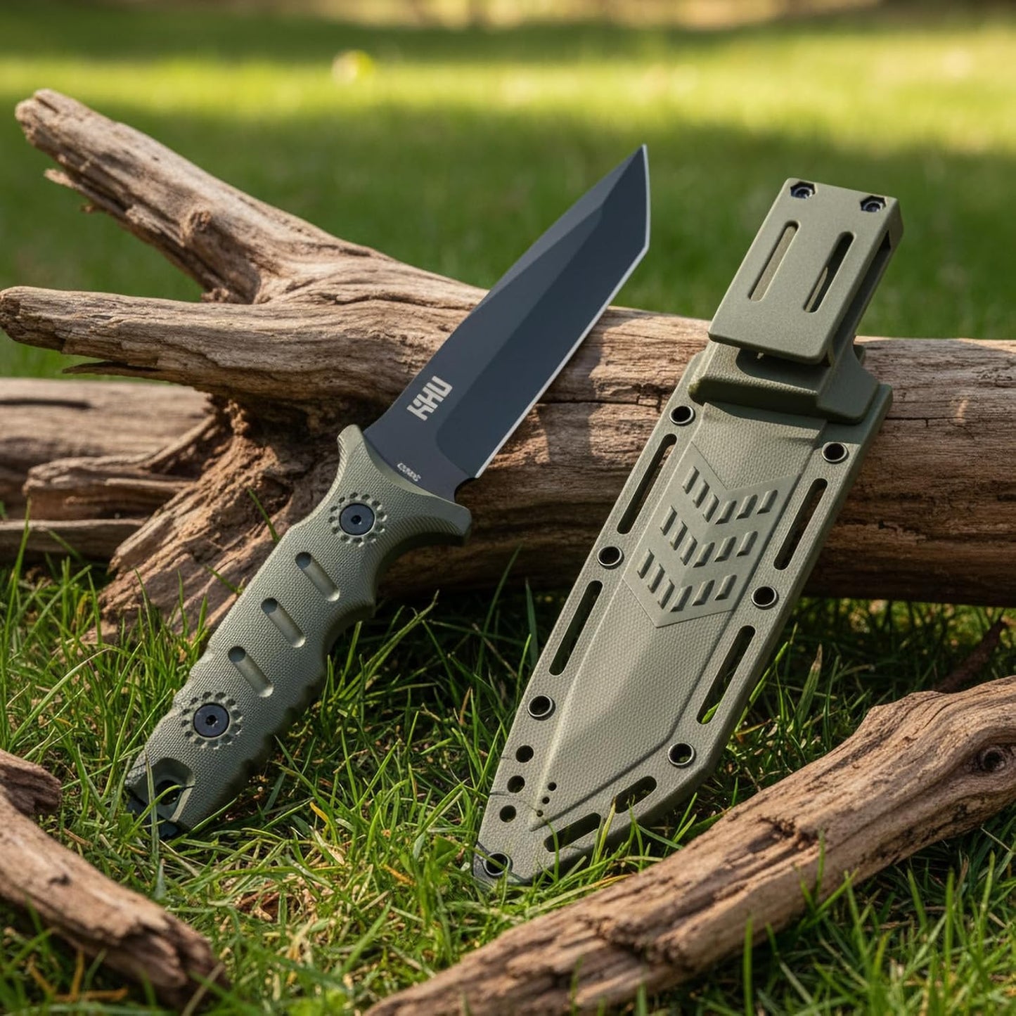 KHU Fixed Blade Knife Hunting Knife Survival 420HC Steel Plastic Handle, Outdoor Hunting Camping Accessories Camping Gear With Kydex Sheath (Green 34A)