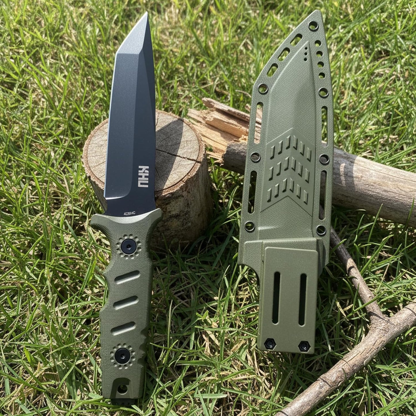 KHU Fixed Blade Knife Hunting Knife Survival 420HC Steel Plastic Handle, Outdoor Hunting Camping Accessories Camping Gear With Kydex Sheath (Green 34A)