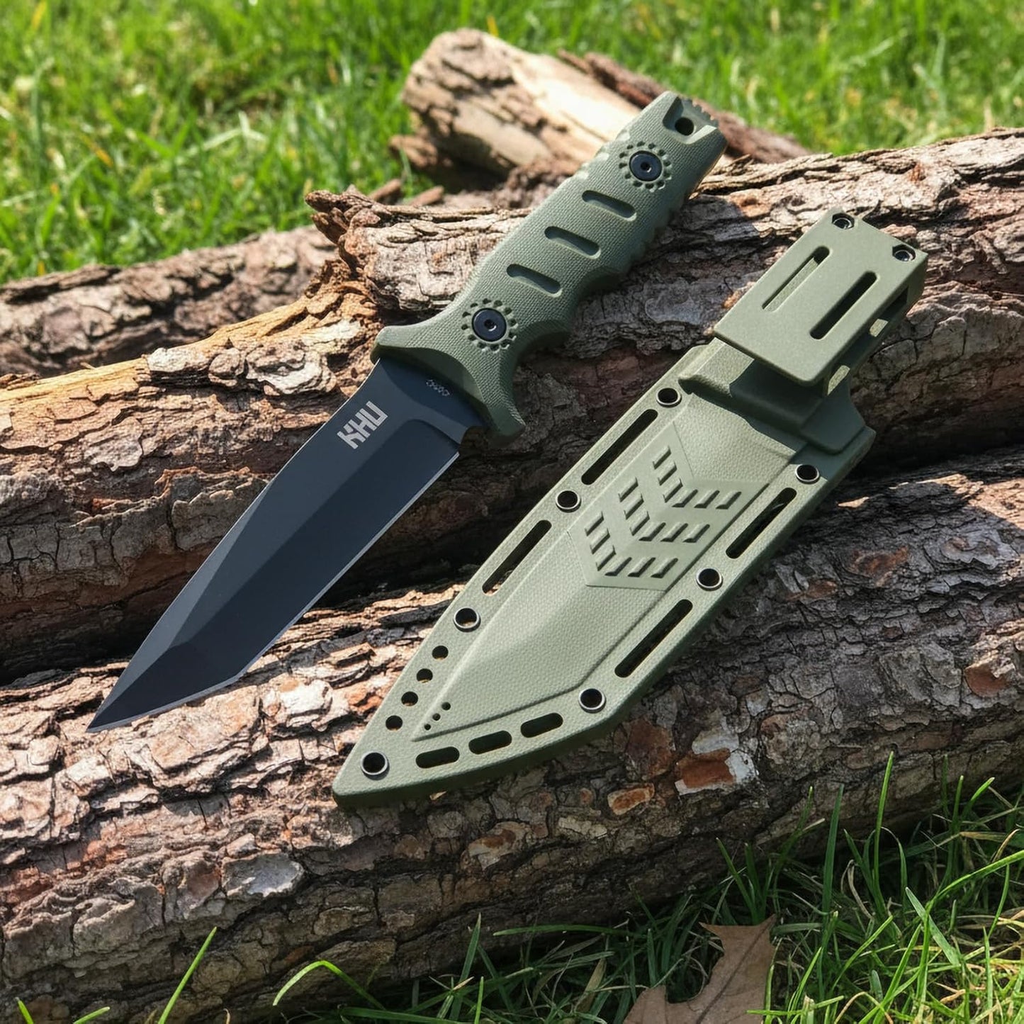 KHU Fixed Blade Knife Hunting Knife Survival 420HC Steel Plastic Handle, Outdoor Hunting Camping Accessories Camping Gear With Kydex Sheath (Green 34A)