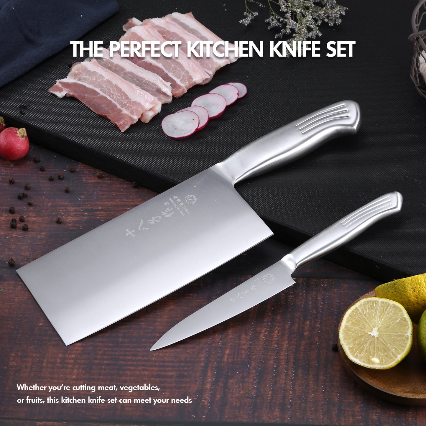 SHI BA ZI ZUO 2 Pcs Knives Set for Kitchen,Cleaver Knife and Fruit Knife,Professional Knife Set with Stainless Steel Handle for Meat and Vegetable Cutting