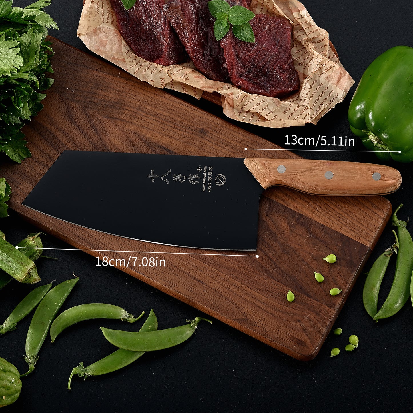 SHI BA ZI ZUO Utility Knife Chinese Vegetable Cleaver for Kitchen Stainless Steel Kitchen Knife with Ergonomic Design Wooden Handle