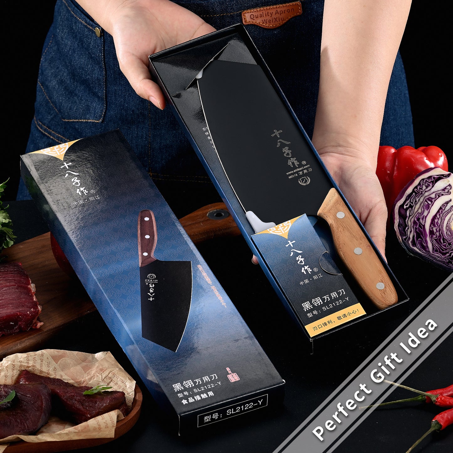 SHI BA ZI ZUO Utility Knife Chinese Vegetable Cleaver for Kitchen Stainless Steel Kitchen Knife with Ergonomic Design Wooden Handle