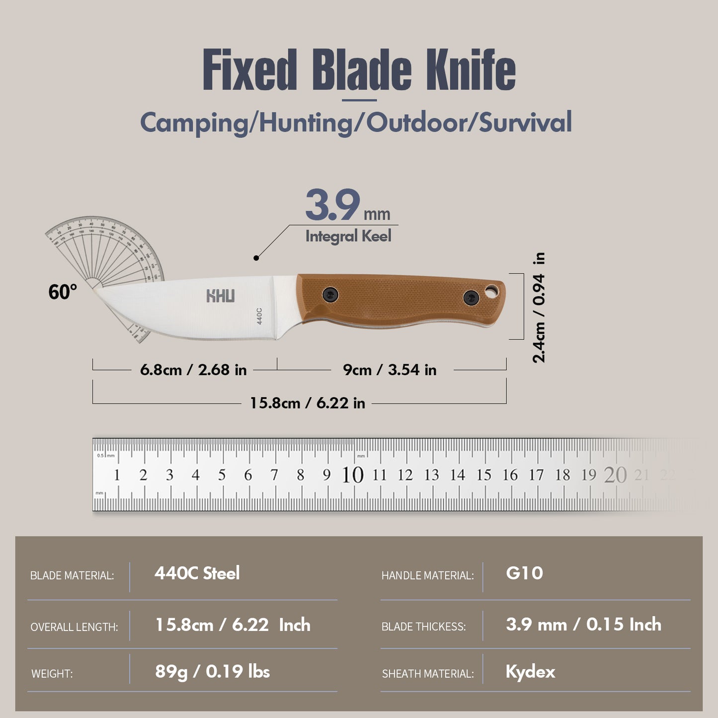 KHU Coltello da Collo Coltello a lama fissa EDC Coltello da caccia Coltello da sopravvivenza Coltello da campeggio Coltello Bushcraft - D2 Acciaio G10 Handle - All'aperto accessori With Kydex Sheath - 11A