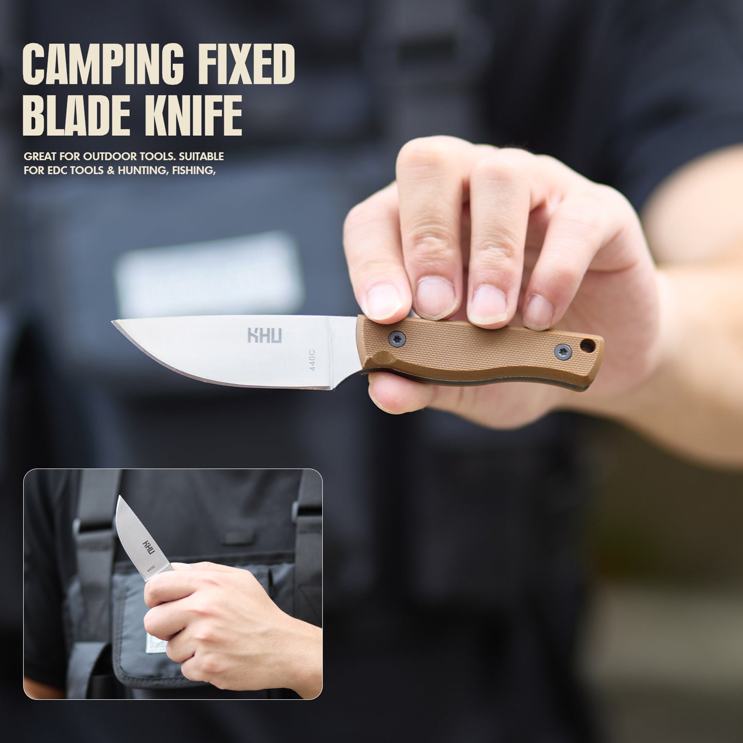 KHU Coltello da Collo Coltello a lama fissa EDC Coltello da caccia Coltello da sopravvivenza Coltello da campeggio Coltello Bushcraft - D2 Acciaio G10 Handle - All'aperto accessori With Kydex Sheath - 11A