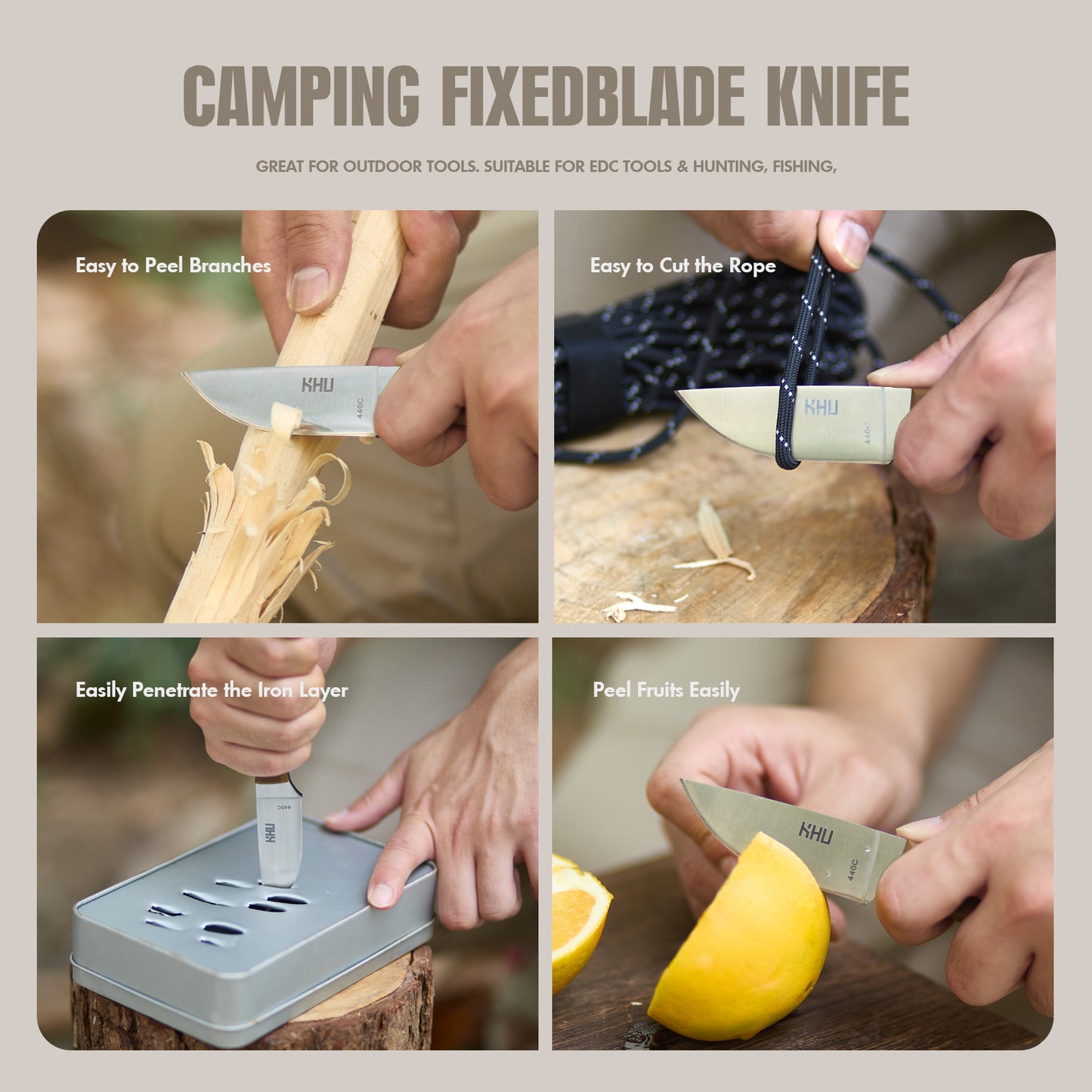 KHU Coltello da Collo Coltello a lama fissa EDC Coltello da caccia Coltello da sopravvivenza Coltello da campeggio Coltello Bushcraft - D2 Acciaio G10 Handle - All'aperto accessori With Kydex Sheath - 11A