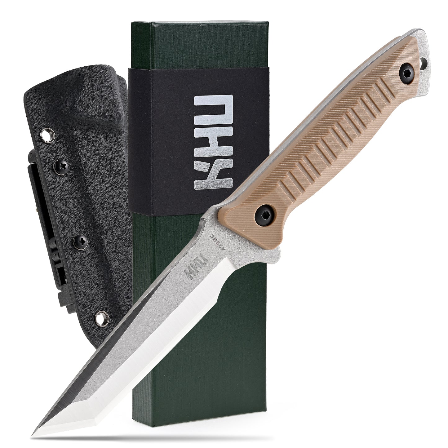 KHU Fixed Blade Knife Tactical, Hunting Knife Survival Knife 420HC Steel Nylon Plastic Handle, Outdoor Hunting Camping Accessories Camping Gear With Kydex Sheath - 23A