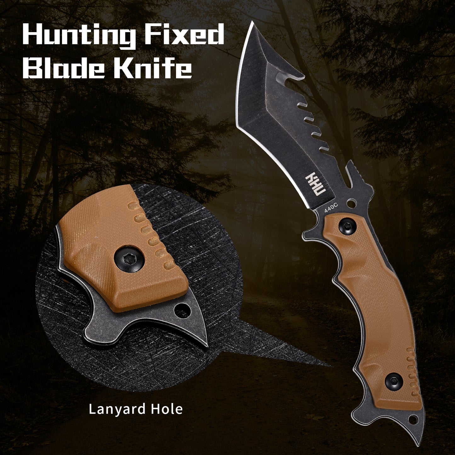 KHU Fixed Blade Knife Tactical, Hunting Knife Survival Knife 440C Steel G10 Handle, Outdoor Hunting Camping Accessories Camping Gear With Kydex Sheath - 24A