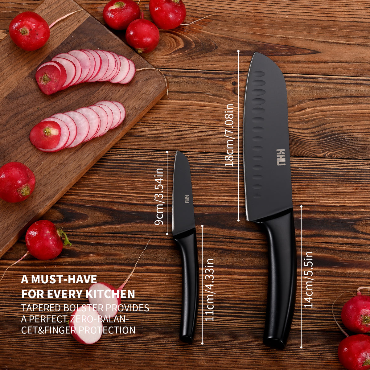 2 Pieces Kitchen Knife Set,Santoku Knife and Paring Knife,Black Ti Coating Japanese Chef Knife Fruit Knife with Hollow Handle