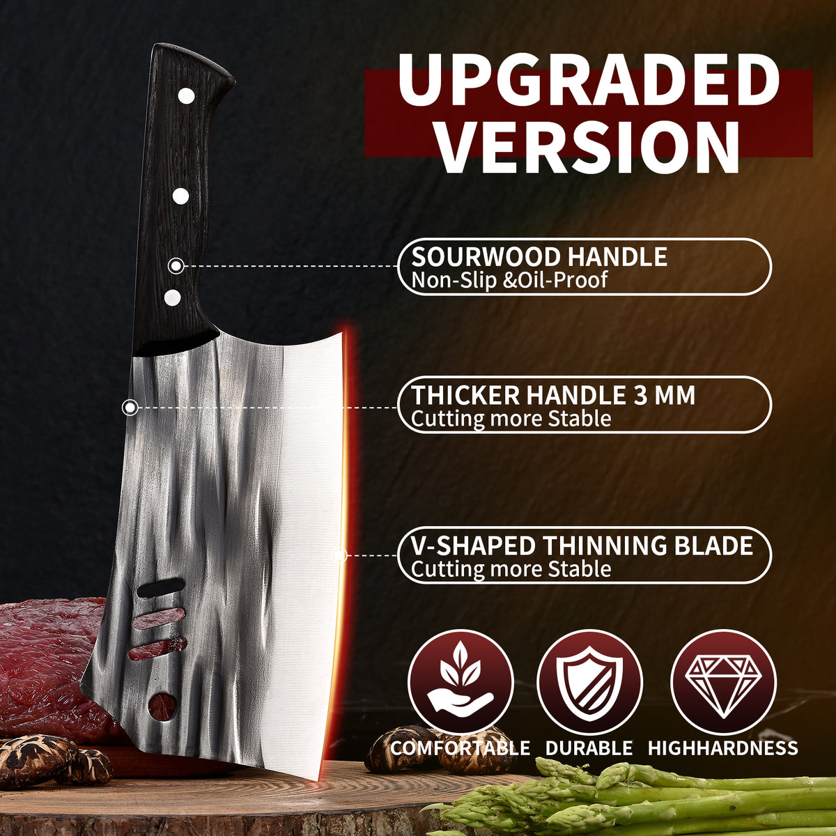Chopping Knife Forged Cleaver Knife Heavy Duty Kitchen Knife for Meat Cutting with Anti-Slip Wooden Handle