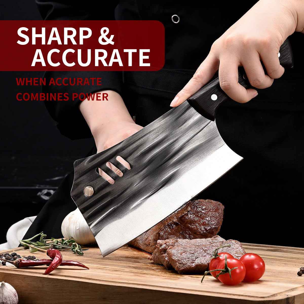 Chopping Knife Forged Cleaver Knife Heavy Duty Kitchen Knife for Meat Cutting with Anti-Slip Wooden Handle