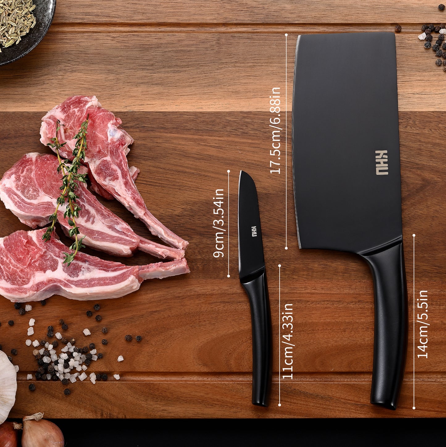 Meat Cleaver and Fruit Knife,2 Pieces Kitchen Knife Set,Black Ti Coating Cleaver Knife Slicing Knife Paring Knife with Hollow Handle