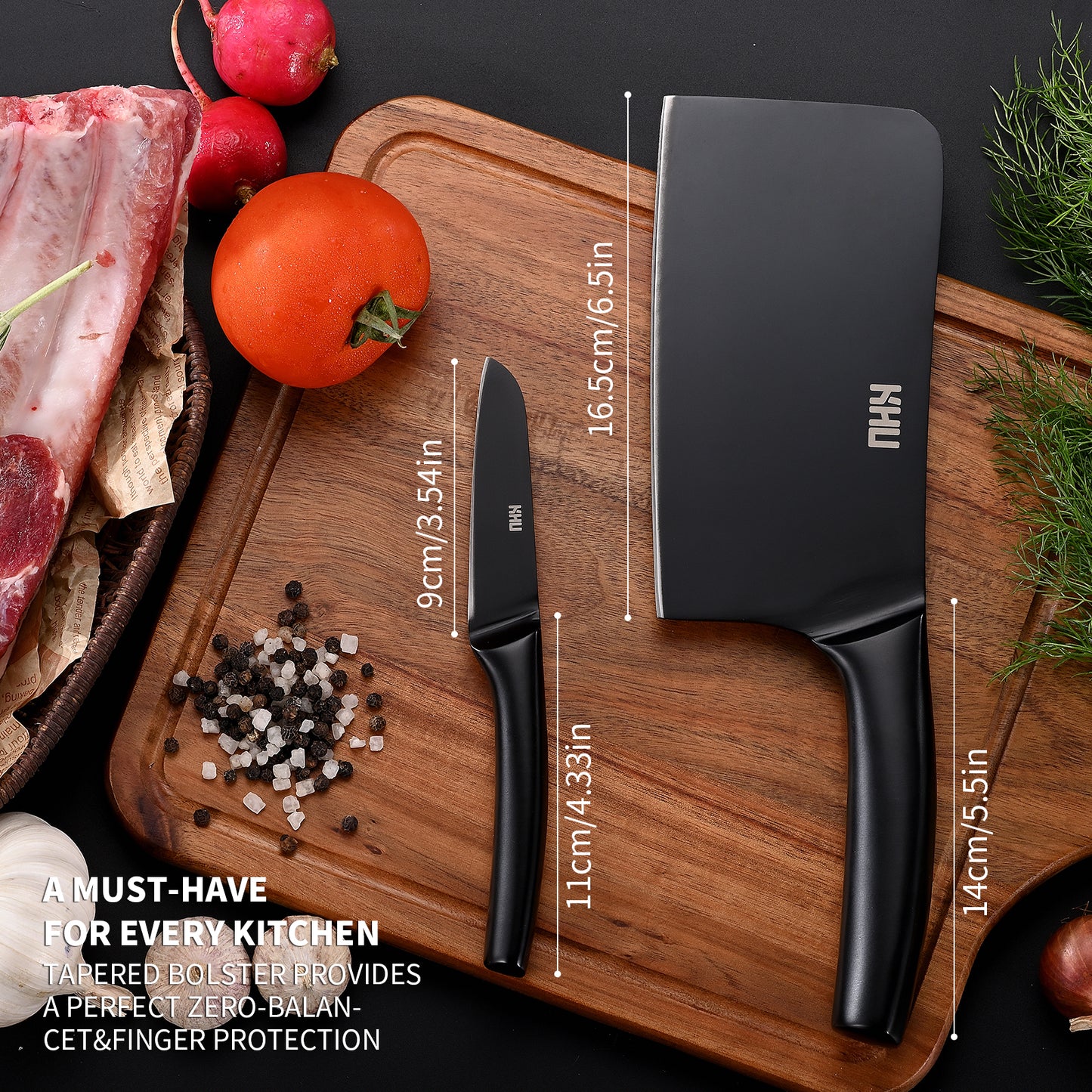 Chopping Knife and Fruit Knife,Black Ti Coating Kitchen Knife Set Meat Bone Chopper Meat Knife Paring Knife with Anti-Slip Hollow Handle