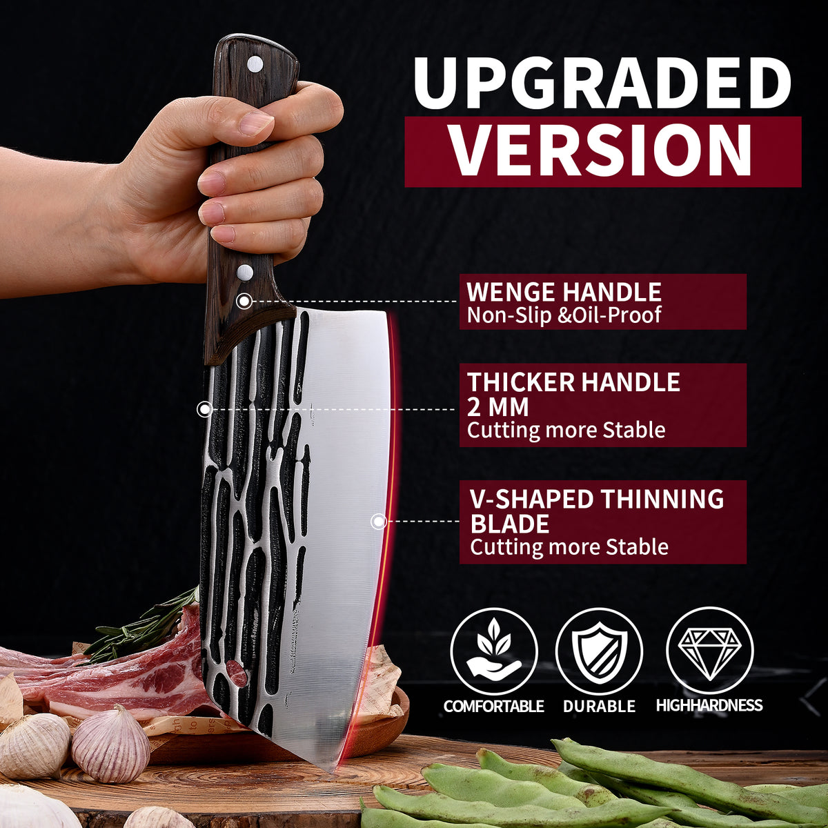 Forged Meat Cleaver Heavy Duty Kitchen Knife Chopping Knife for Vegetable and Meat Cutting,with Non-Slip Wooden Handle