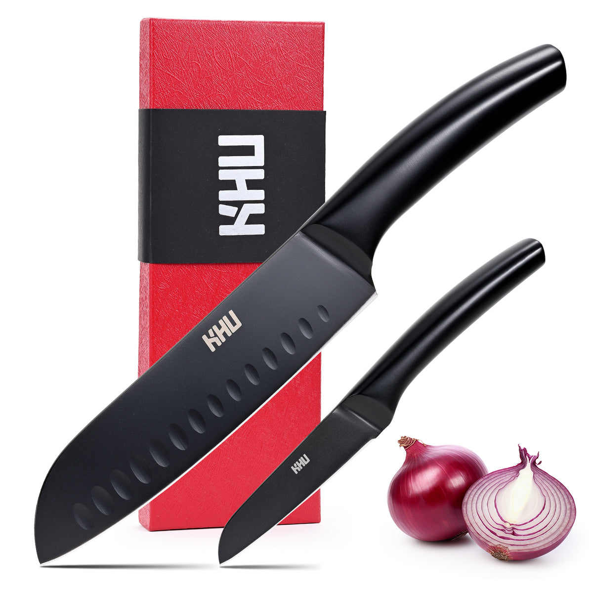 2 Pieces Kitchen Knife Set,Santoku Knife and Paring Knife,Black Ti Coating Japanese Chef Knife Fruit Knife with Hollow Handle