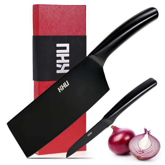 Meat Cleaver and Fruit Knife,2 Pieces Kitchen Knife Set,Black Ti Coating Cleaver Knife Slicing Knife Paring Knife with Hollow Handle