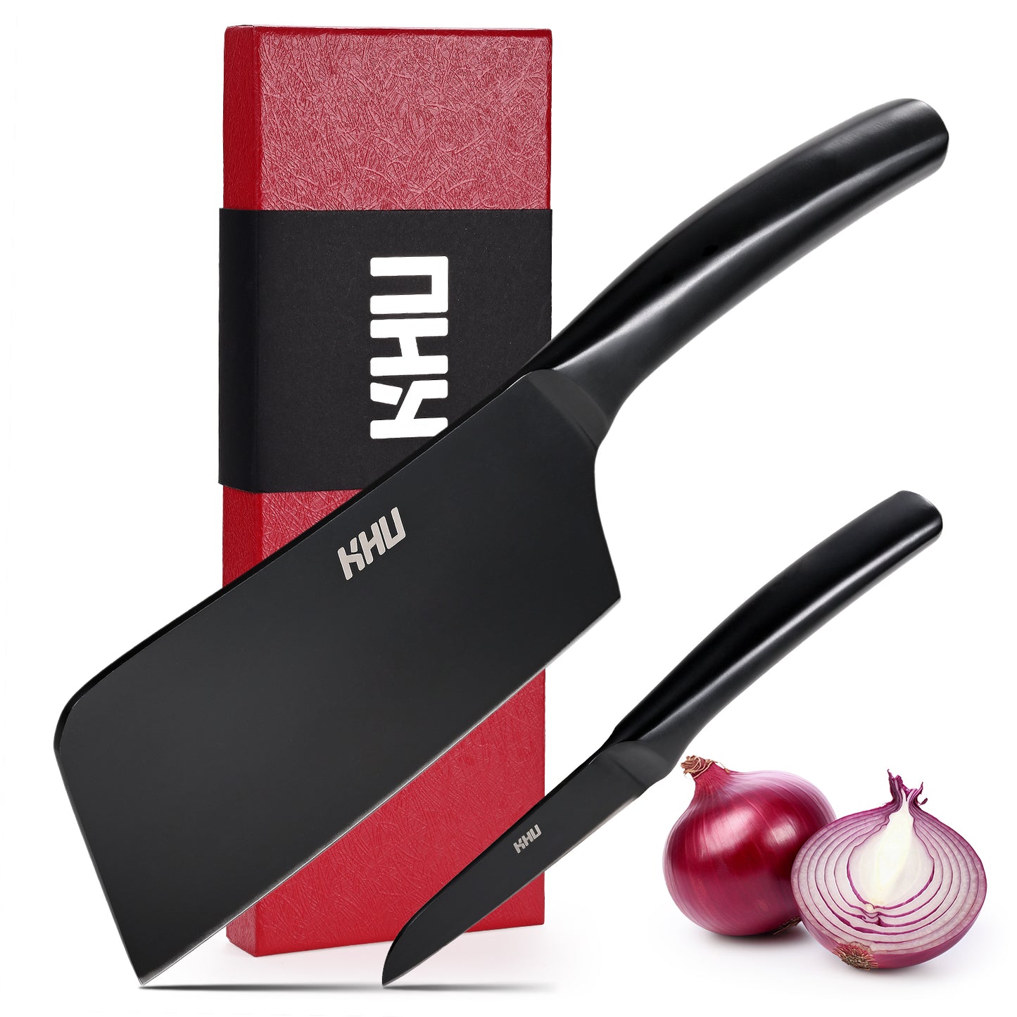 Chopping Knife and Fruit Knife,Black Ti Coating Kitchen Knife Set Meat Bone Chopper Meat Knife Paring Knife with Anti-Slip Hollow Handle