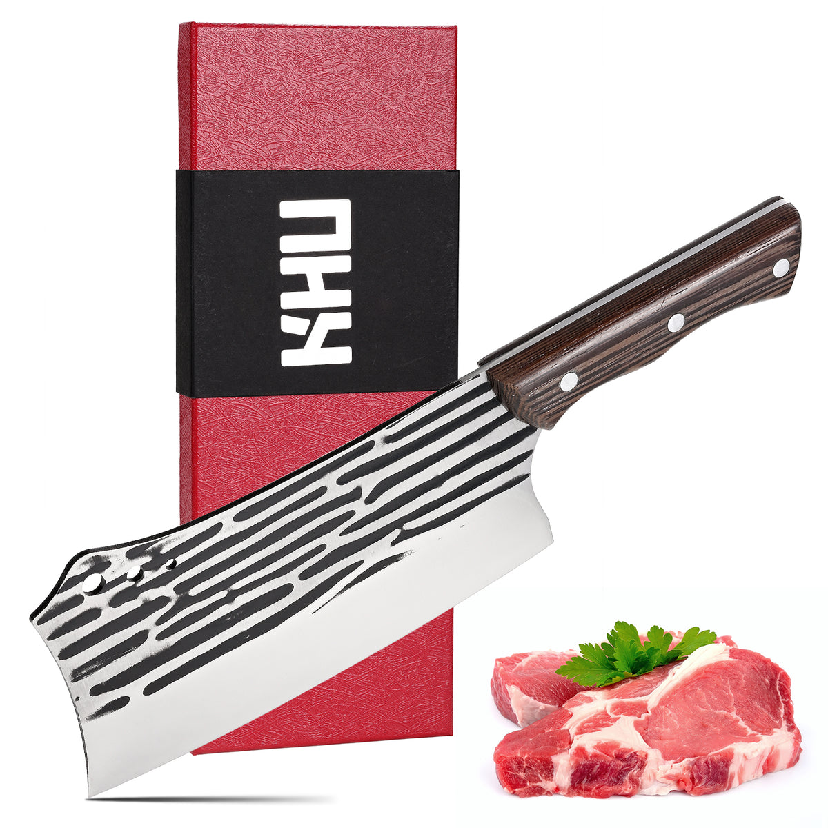 Forged Cleaver Knife Butcher Knife for Vegetable and Meat Cutting,with Non-Slip wooden handle