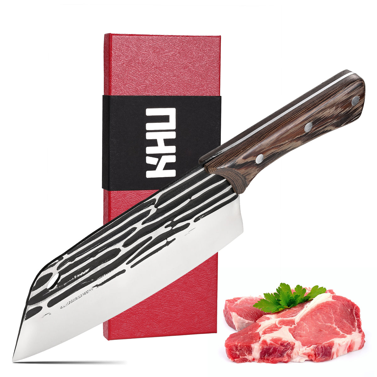 Forged Meat Cleaver Heavy Duty Kitchen Knife Chopping Knife for Vegetable and Meat Cutting,with Non-Slip Wooden Handle