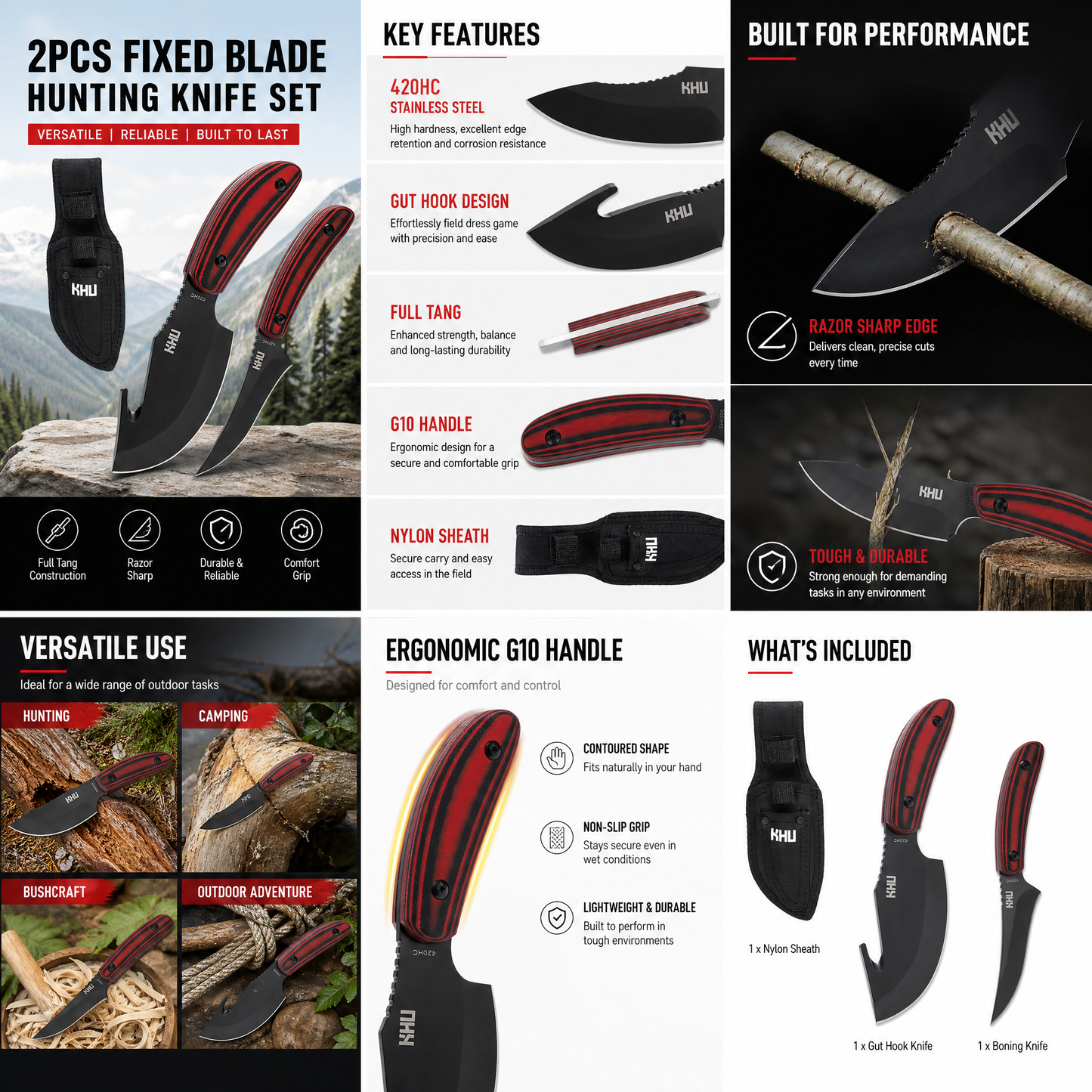 KHU Cuchillo Hoja Fija, Cuchillo Supervivencia Cuchillo Caza Cuchillo Bushcraft D2 Acero Mango de G10, Outdoor Caza Camping Accesorios - Funda Kydex
