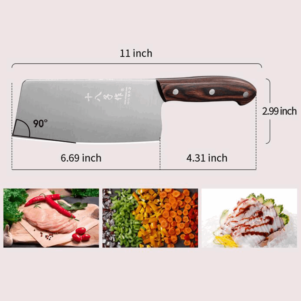 SHI BA ZI ZUO Chinese Knife Vegetable Meat Knife 6.7-inch Stainless Steel Slicer Cleaver, Wooden Handle with Moderate Weight