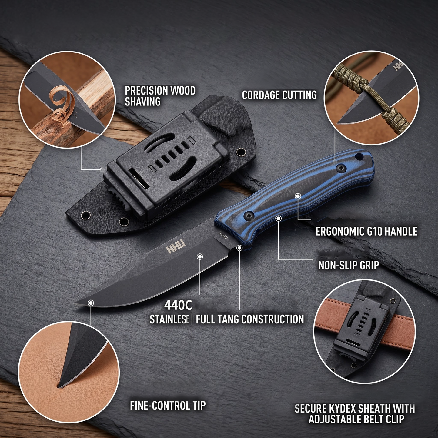 KHU Coltello a lama fissa Coltello da caccia Coltello da sopravvivenza Coltello Bushcraft D2 Acciaio G10 Handle, All'aperto caccia campeggio accessori utili regalo uomo With Kydex Sheath