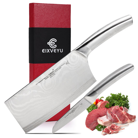 2 Pieces Knife Set Cleaver Knife and Paring Knife,Stainless Steel Fruit knife Meat Knife with Damascus Pattern,Anti-Slip Hollow Handle