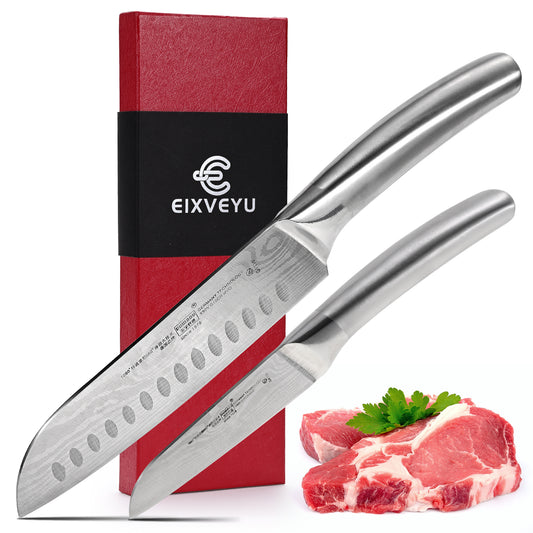 Santoku Knife and Fruit Knife Damascus Pattern Kitchen Knife Set Stainless Steel Japanese Chef Knife Paring Knife with Hollow Handle