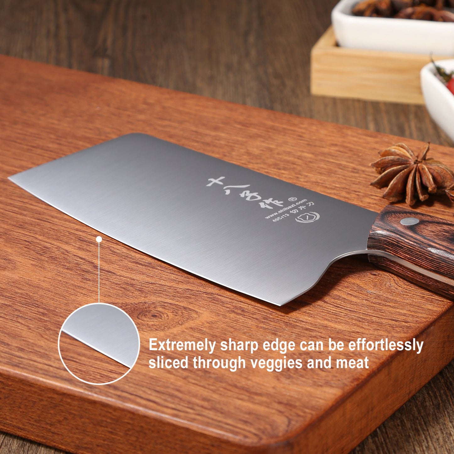 SHI BA ZI ZUO Chinese Knife Vegetable Meat Knife 6.7-inch Stainless Steel Slicer Cleaver, Wooden Handle with Moderate Weight